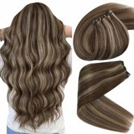 transform your look with real human hair weft extensions in sunny brown with dark brown highlights and caramel blonde tones - 100g, 18inch length logo