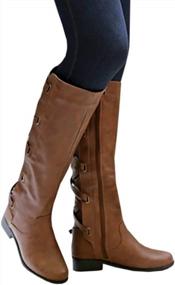 img 2 attached to Women'S Strappy Motorcycle Knee High Boots Winter Lace Up Riding Flat Low Heel Shoes