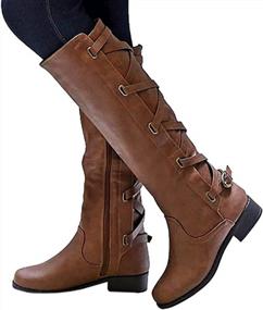 img 3 attached to Women'S Strappy Motorcycle Knee High Boots Winter Lace Up Riding Flat Low Heel Shoes