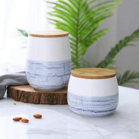 img 1 attached to 🍽️ MAOWAO Modern Design Ceramic Food Storage Canister with Airtight Wooden Lid - Blue and White, 700ml Capacity