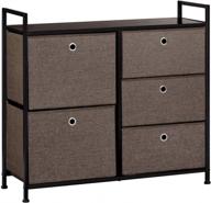 dark brown faux linen dresser storage tower with 5 easy pull drawers and handles, sturdy metal frame and wooden table organizer unit for guest room, dorm room, closet, hallway or office area logo