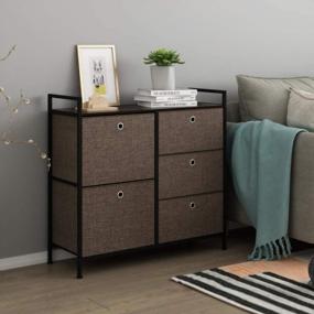 img 3 attached to Dark Brown Faux Linen Dresser Storage Tower With 5 Easy Pull Drawers And Handles, Sturdy Metal Frame And Wooden Table Organizer Unit For Guest Room, Dorm Room, Closet, Hallway Or Office Area