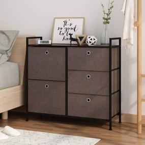 img 2 attached to Dark Brown Faux Linen Dresser Storage Tower With 5 Easy Pull Drawers And Handles, Sturdy Metal Frame And Wooden Table Organizer Unit For Guest Room, Dorm Room, Closet, Hallway Or Office Area