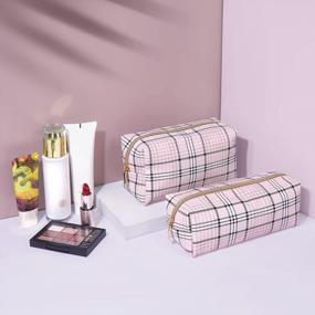 img 3 attached to 2 PCS Pink Plaid Leather Makeup Bags - Perfect For Travel & On-The-Go Women'S Cosmetic Storage!