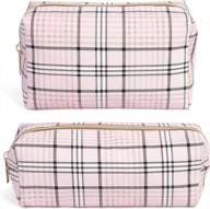 2 pcs pink plaid leather makeup bags - perfect for travel & on-the-go women's cosmetic storage! logo