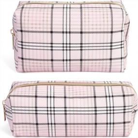 img 4 attached to 2 PCS Pink Plaid Leather Makeup Bags - Perfect For Travel & On-The-Go Women'S Cosmetic Storage!