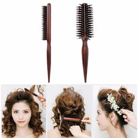 img 4 attached to Set Of 2 Anti-Static Boar Bristle Round Brushes For Professional Blow Dry Styling, Curling, And Teasing Hair With Pointed Tail Wooden Combs By Wismee