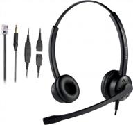 noise canceling dual headset for office & call center with rj9 and 3.5mm connector for desk phones, pcs, laptops, and cell phones - compatible with polycom, avaya, and nortel logo