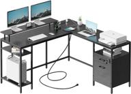 black l-shaped reversible computer desk with file cabinet, power outlets, and monitor stand - corner desk with storage shelves for home office logo