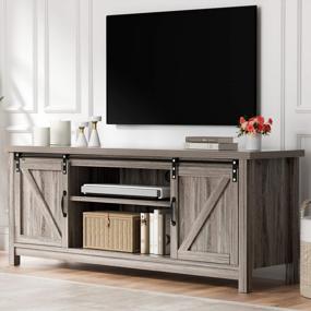 img 1 attached to Rustic Gray Wash Catrimown Farmhouse TV Stand With Sliding Barn Door For 65 Inch TV - Entertainment Center And Media Console Stand For TVs Up To 65+