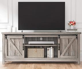 img 4 attached to Rustic Gray Wash Catrimown Farmhouse TV Stand With Sliding Barn Door For 65 Inch TV - Entertainment Center And Media Console Stand For TVs Up To 65+