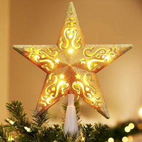 img 4 attached to BrizLabs Christmas Tree Top Lights, 8” 10 Bulbs Gold Hollowed Warm White Xmas Topper Pentagram Lights, UL Certified Pre-Lit Glittered 3D Star Treetop Christmas Light For Holiday Tree Decor