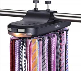 img 4 attached to Primode Motorized Tie Rack With LED Lights – Closet Organizer, Stores & Displays Up To 64 Ties Or Belts, Rotation Operates With Batteries. Great Gift Idea (Black)