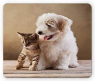 ambesonne animal mouse pad, cat kitten and puppy dog best friends image photo art, rectangle non-slip rubber mousepad, standard size, sand brown white logo