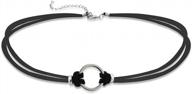 stylish women's adjustable choker necklace with zinc open circle pendant & multi-layer black suede leather logo