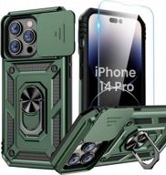 protective iphone 14 pro case with screen protector - camouflage style cover with camera slide, ring holder and shockproof bumper - premium accessories for iphone 14 pro in alpine green logo