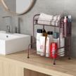 2-tier bathroom countertop organizer with toiletries basket and spice rack, ideal for vanity and toiletries storage with 3 hooks, made of durable steel in bronze finish by junyuan logo