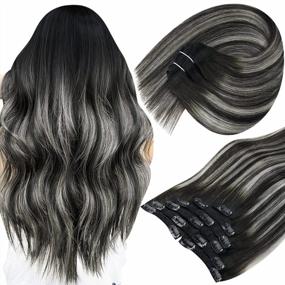 img 4 attached to Sunny 7Pcs Ombre Black To Silver Clip-In Hair Extensions - Silky Straight 120G Наращивание человеческих волос для женщин длиной 20 дюймов