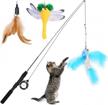 🐱 vavopaw cat feather teaser wand toy - interactive retractable fishing pole for cats with 3 interchangeable toys - funny cat stick sea rod feather playing toy - pet companion toys in brown, blue, and yellow logo