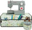 water-resistant sewing machine pad organizer with pockets - floral print on green background - ideal mat for sewing machine accessories - pacmaxi sewing machine mat logo