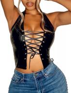 women's faux leather crop top with halter-neck, lace-up bandage, and eyelet detailing - criss cross camisole shirt logo