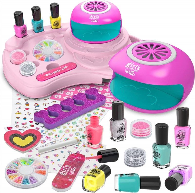 Amagoing Nail Art Kit for Girls, Kids Nail Polish Play Set with Nail Dryer,  2 in 1 Nail Pens,Sticky Cartoon Fake Nail, DIY Sticker, Nail Studio