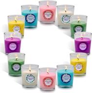 12 sets of colored scented votive candles in glass - soy wax with lavender, vanilla, jasmine, rose, lemon and fresh spring fragrances logo