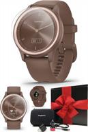garmin vivomove sport (cocoa/peach gold) hybrid smartwatch gift box bundle - 2022 heart rate monitor watch with call - with screen protectors, car/wall adapters & hard case - women's fitness tracker logo