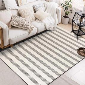img 1 attached to Boho Cotton Area Rug 4' X 6' LEEVAN Black And White Striped Rug Bohemian Hand Woven Geometric Carpet Outdoor Porch Rug Chic Bedside Rugs For Kitchen Laundry Living Room