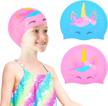 2 pcs kids swim cap - silicone swimming caps for boys & girls (age 2-6) | keep hair dry & cover ears waterproof bathing hat logo