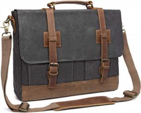 img 4 attached to Водонепроницаемая сумка-мессенджер для мужчин: портфель из натуральной кожи с рукавом для ноутбука и большой наплечной сумкой - 15,6-дюймовый серый вощеный холст