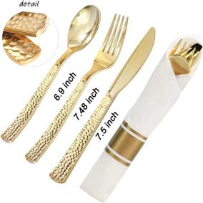 img 3 attached to WELLIFE 50-Pack Disposable Gold Hammered Silverware With White Napkins And Pre-Rolled Cutlery - Includes 50 Forks, 50 Knives, 50 Spoons, And 50 Napkins For Elegant Parties And Events.