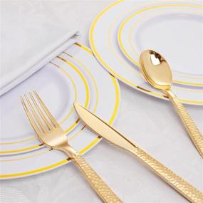 img 2 attached to WELLIFE 50-Pack Disposable Gold Hammered Silverware With White Napkins And Pre-Rolled Cutlery - Includes 50 Forks, 50 Knives, 50 Spoons, And 50 Napkins For Elegant Parties And Events.