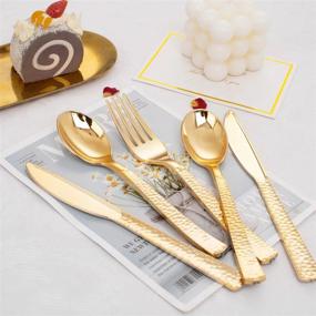img 1 attached to WELLIFE 50-Pack Disposable Gold Hammered Silverware With White Napkins And Pre-Rolled Cutlery - Includes 50 Forks, 50 Knives, 50 Spoons, And 50 Napkins For Elegant Parties And Events.