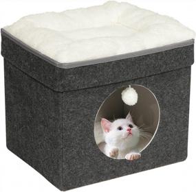 img 4 attached to B FSOBEIIALEO Cat House Cube For Indoor Folding Cats Houses Condos Cat Cave, Stackable Cat Condo For Kitten, With Removable Soft Sleeping Bed And Fluffy Ball, Felt 15.7"(Dark Grey)
