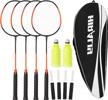 set of 4 hiraliy badminton rackets with nylon shuttlecocks and replacement grip tapes - perfect for outdoor backyard games (black) logo