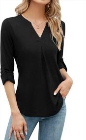 img 4 attached to Women'S Roll-Up 3/4 Sleeve V Neck Pleated Tunic Top Business Casual Loose Work Blouse