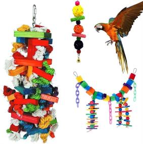 img 4 attached to 🐦 Bird Knots N Blocks Chew Toys Set for Large Parrot & Macaw - Bird Swing & Chew Toys with Bells, Colorful Loofah Balls - Parrot Cage Toys (3 Pack)