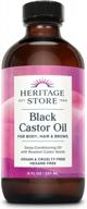 heritage store black castor oil, traditionally roasted, nourishing hair treatment, deep hydration for hair care, skin care, bold eyelashes & brows, vegan, hexane free & cruelty free, 8oz logo