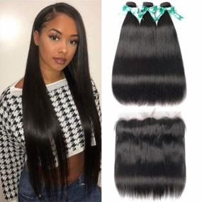 img 4 attached to ALLRUN Straight Hair Bundles With Frontal 13×4 Brazilian Straight Human Hair 3 Bundles With Ear To Ear Lace Frontal Unprocessed Virgin Hair Natural Black Color(16 18 20+14Lace Frontal)