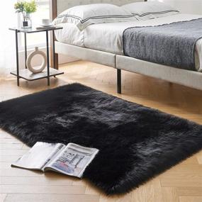 img 3 attached to Ultra Soft Fluffy Faux Fur Area Rug In Black, Perfect For Bedroom Or Living Room Decor - Washable Luxury Plush Shag Carpet, Rectangular Shape, 3X5 Feet