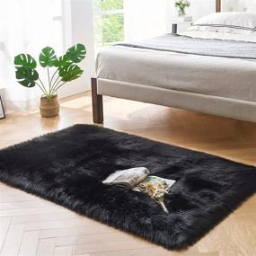 img 2 attached to Ultra Soft Fluffy Faux Fur Area Rug In Black, Perfect For Bedroom Or Living Room Decor - Washable Luxury Plush Shag Carpet, Rectangular Shape, 3X5 Feet