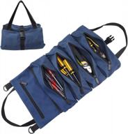 durable canvas wrench tool roll up pouch w/ 5 zipper pockets - super tool bag for car back seat organization (blue) logo