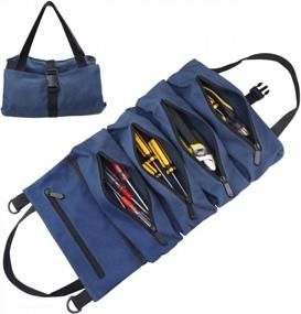 img 4 attached to Прочный холщовый гаечный ключ свернутый чехол с 5 карманами на молнии - супер сумка для инструментов для организации заднего сиденья автомобиля (синий)