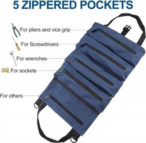 img 1 attached to Прочный холщовый гаечный ключ свернутый чехол с 5 карманами на молнии - супер сумка для инструментов для организации заднего сиденья автомобиля (синий)