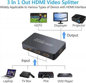 img 3 attached to ESynic 3X1 HDMI Switcher: HDMI-переключатель 4K@60HZ с поддержкой HDR, выходом 3 в 1 для 3D, HD1080P и HDCP 2.2. Позолоченный разветвитель HDMI 2.0 с набором ИК-пульта дистанционного управления и 2 кабелями HDMI2.0.