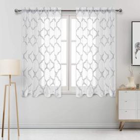 img 4 attached to 52X54 Inch Grey Moroccan Embroidered Sheer Curtains - Faux Linen Geometric Trellis Rod Pocket Window Curtain Panels For Bedroom And Living Room, Set Of 2