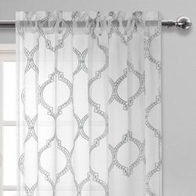 img 3 attached to 52X54 Inch Grey Moroccan Embroidered Sheer Curtains - Faux Linen Geometric Trellis Rod Pocket Window Curtain Panels For Bedroom And Living Room, Set Of 2