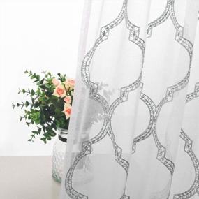 img 2 attached to 52X54 Inch Grey Moroccan Embroidered Sheer Curtains - Faux Linen Geometric Trellis Rod Pocket Window Curtain Panels For Bedroom And Living Room, Set Of 2