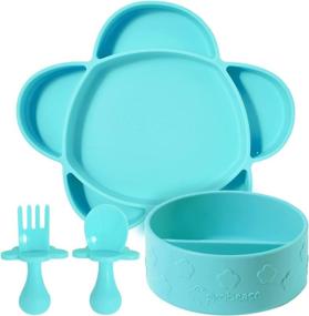 img 4 attached to Grabease 4-Piece Stay-Put Table Set For Babies & Toddlers 6 Months & Up: Silicone Section Plate & Divided Bowl With Suction Bottoms Plus Self-Feeding Spoon & Fork; BPA-Free, Dishwasher Safe (Teal)